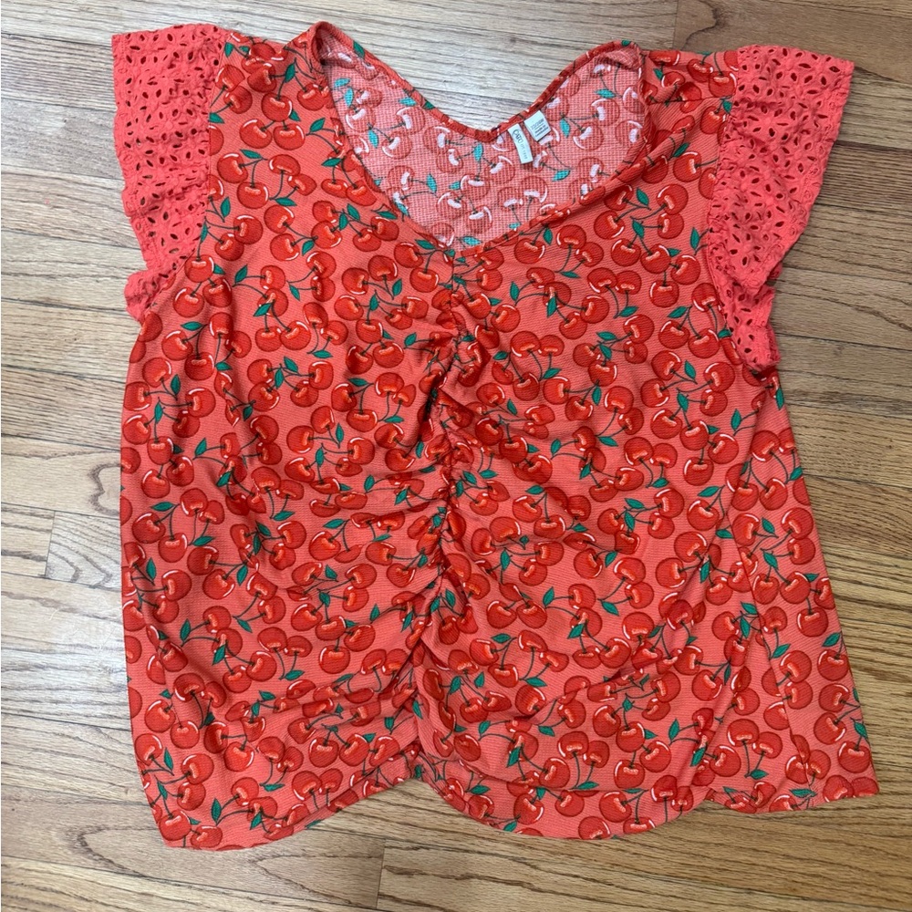 Cato Red Cherry Print Blouse with Lace Sleeves Size 22/24W